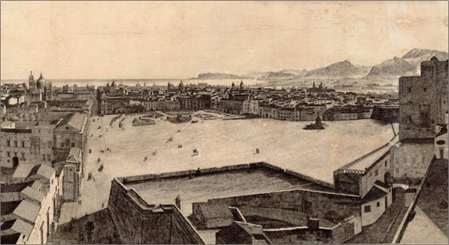 Panorama della Citta da Porta Nuova (1837) La Duca – Cartografia generale della città di Palermo. A sinistra il bastione di S.Giacomo e a destra quello di S.Michele